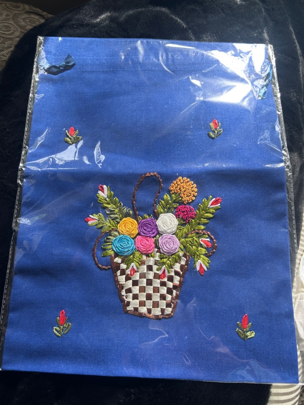 Blue Floral Embroidered Satchel Bag